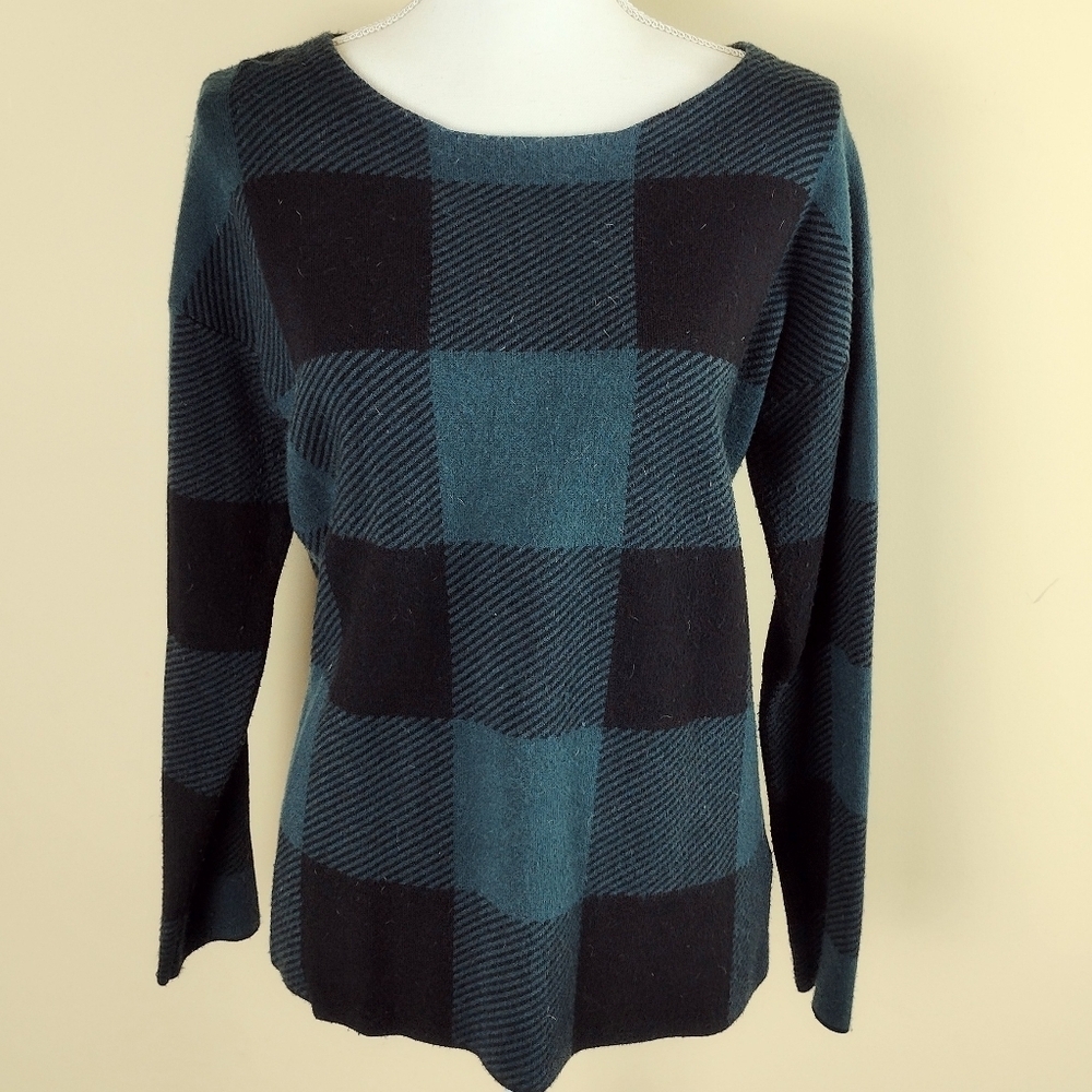 Jones New York Green Black Check Sweater Sz M